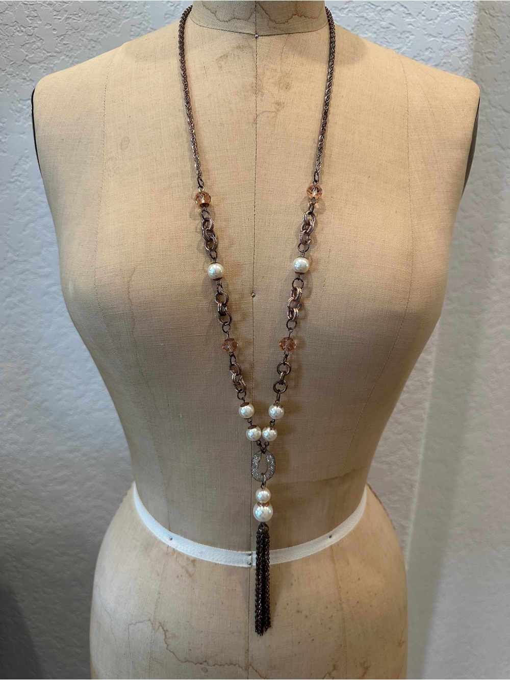 Long Pearl & Chain Tassel Necklace - Rose Gold and Brown